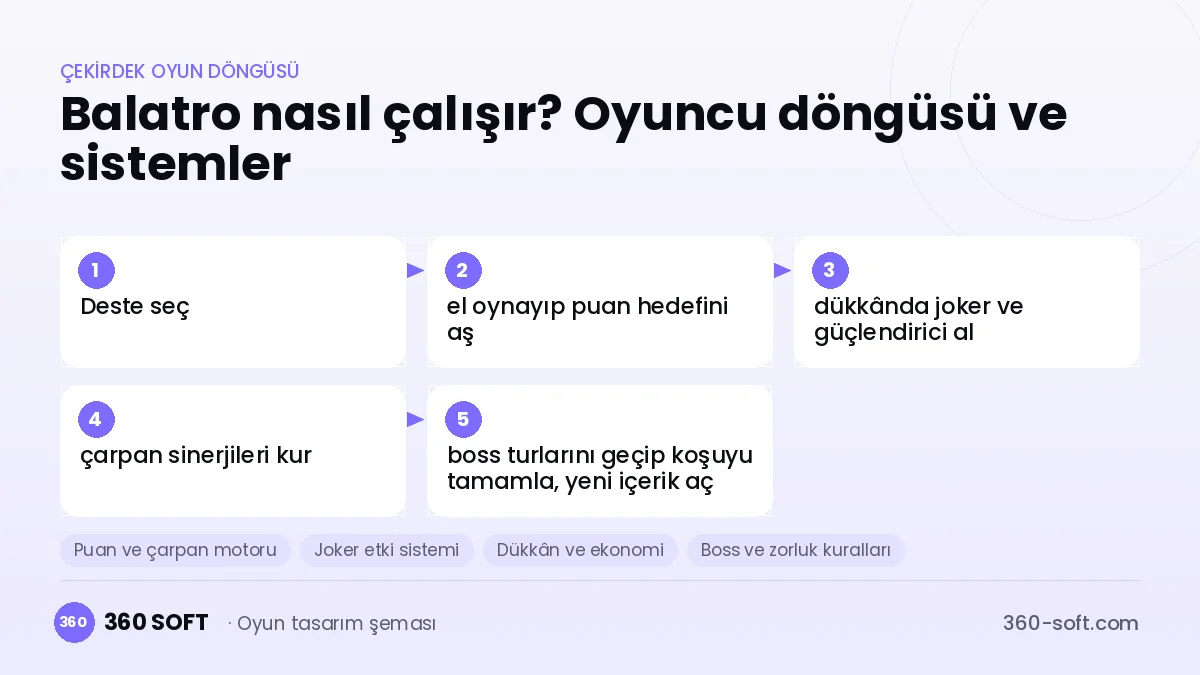 Balatro çekirdek oyun döngüsü ve kurulacak sistemler şeması