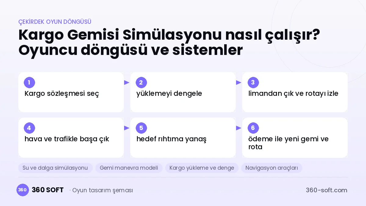 Cargo Ship Simulator çekirdek oyun döngüsü ve kurulacak sistemler şeması