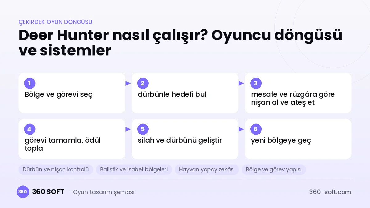Deer Hunter çekirdek oyun döngüsü ve kurulacak sistemler şeması