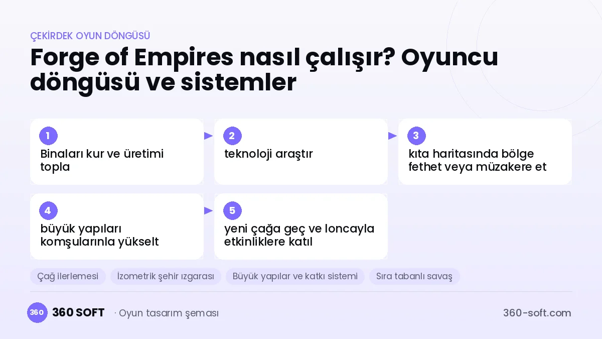 Forge of Empires çekirdek oyun döngüsü ve kurulacak sistemler şeması