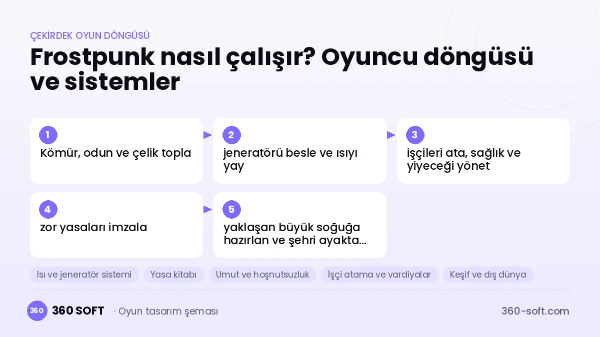 Frostpunk çekirdek oyun döngüsü ve kurulacak sistemler şeması