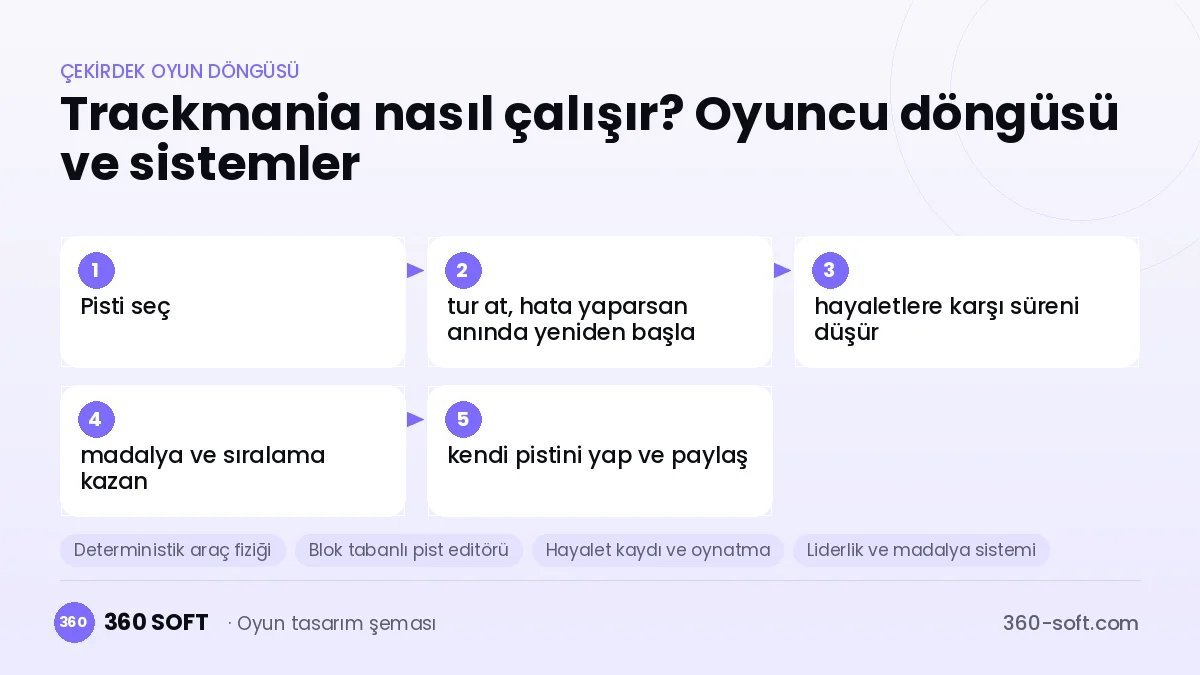 Trackmania çekirdek oyun döngüsü ve kurulacak sistemler şeması